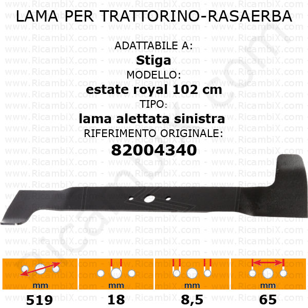 Lama per trattorino - rasaerba STIGA estate royal - 102 cm - alettata sinistra - rif. orig. 82004340