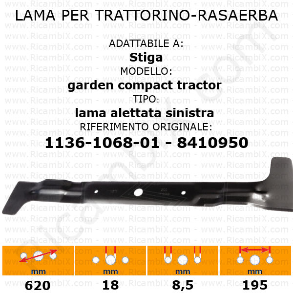 Lama per trattorino - rasaerba STIGA garden compact tractor - alettata sinistra - rif. orig. 1136-1068-01 - 8410950