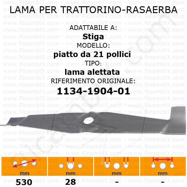 Lama per trattorino - rasaerba STIGA piatto da 21 pollici - alettata - rif. orig. 1134-1904-01