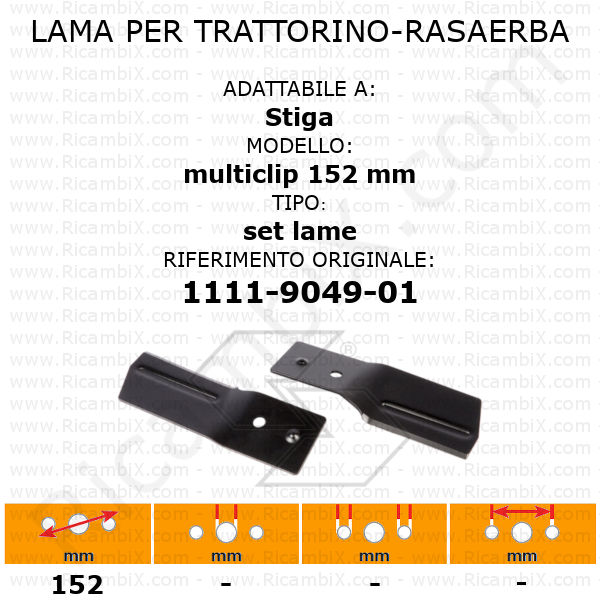 Set lame per trattorino - rasaerba STIGA multiclip 152 mm - rif. orig. 1111-9049-01