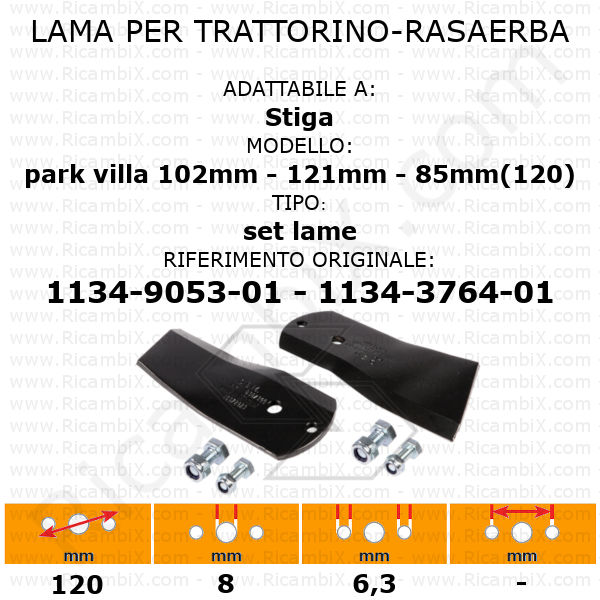 Set lame per trattorino-rasaerba STIGA park villa 102 mm - 121 mm - 85 mm(120)- rif. orig. 1134-9053-01 - 1134-3764-01