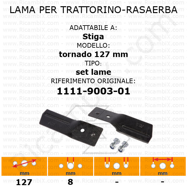 Set lame per trattorino - rasaerba STIGA tornado 127 mm - rif. orig. 1111-9003-01