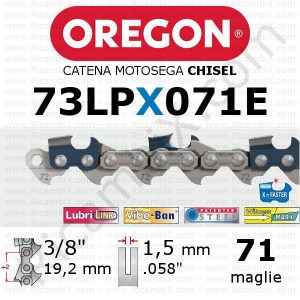 catena motosega Oregon 73LPX071E - passo 3/8 x 1,5 mm - 71 maglie - chisel - dente quadro