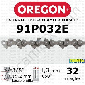 Oregon 91P032E motorsågskedja - 3/8 x 1,3 mm låg profil - 32 länkar - fasning -mejsel