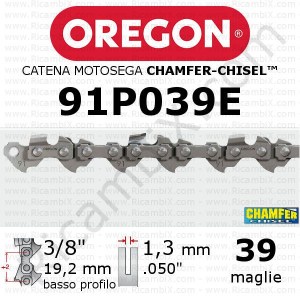 Oregon 91P039E motorsågskedja - 3/8 x 1,3 mm låg profil - 39 länkar - fasning -mejsel