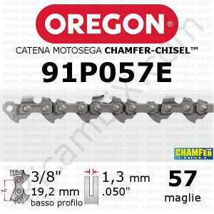 Oregon 91P057E motorsågskedja - 3/8 x 1,3 mm låg profil - 57 länkar - fasning -mejsel