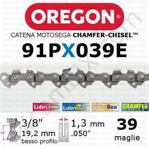 Oregon 91PX039E láncfűrész lánc - 3/8 x 1,3 mm -es, alacsony profil - 39 láncszem - ferde véső