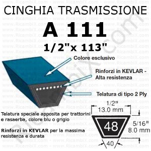 Cinghia trasmissione trapezoidale A 111 | 1/2 x 113 pollici | rinforzi in kevlar