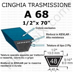 Cinghia trasmissione trapezoidale A 68 | 1/2 x 70 pollici | rinforzi in kevlar