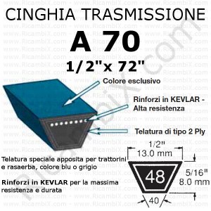 Cinghia trasmissione trapezoidale A 70 | 1/2 x 72 pollici | rinforzi in kevlar