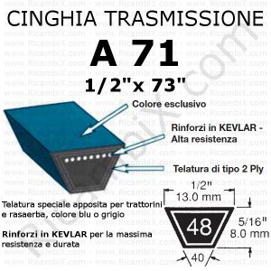 Cinghia trasmissione trapezoidale A 71 | 1/2 x 73 pollici | rinforzi in kevlar