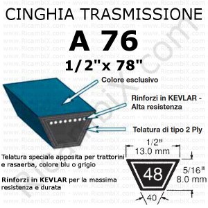 Cinghia trasmissione trapezoidale A 76 | 1/2 x 78 pollici | rinforzi in kevlar
