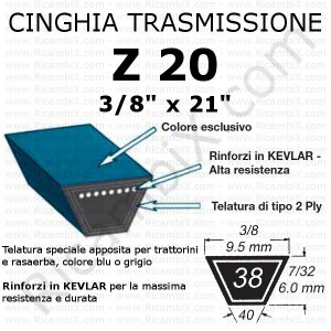 Cinghia trasmissione trapezoidale Z20 - 3/8 x 21 pollici - rinforzi in kevlar per rasaerba e trattorini