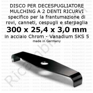 Disco mulching a 2 denti ricurvi | acciaio SKS 5 | diametro 300 mm | foro 25,4 mm | Germany