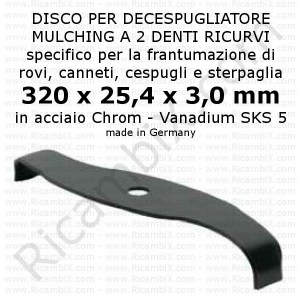 Disco mulching a 2 denti ricurvi e profilo ricurvo | acciaio SKS 5 | diametro 320 mm | foro 25,4 mm | Germany