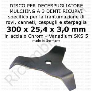 Disco mulching a 3 denti ricurvi | acciaio SKS 5 | diametro 300 mm | foro 25,4 mm | Germany