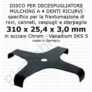 Disco mulching a 4 denti ricurvi | acciaio SKS 5 | diametro 310 mm | foro 25,4 mm | Germany