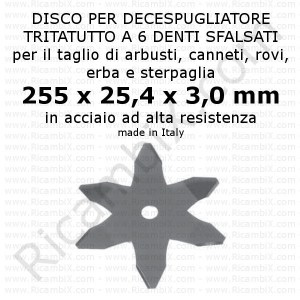 Disco multiuso tritatutto a 6 denti | acciaio SKS 5 | diametro 255 mm | foro 25,4 mm | Italy