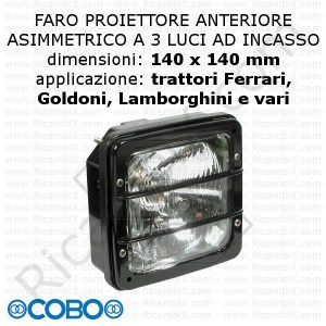 Fanale anteriore asimmetrico COBO a 3 luci - 140 x 140 mm - adattabile a trattori Ferrari, Goldoni e Lamborghini