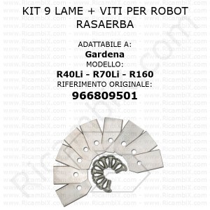 Kit 9 lame + viti per robot rasaerba Gardena R40Li - R70Li - R160 - rif. orig. 966809501