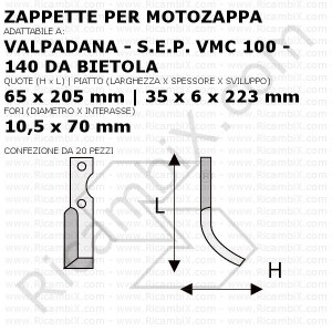 Zappette per motozappa Valpadana - S.E.P. VMC 100 - 140 da bietola - 20 pezzi